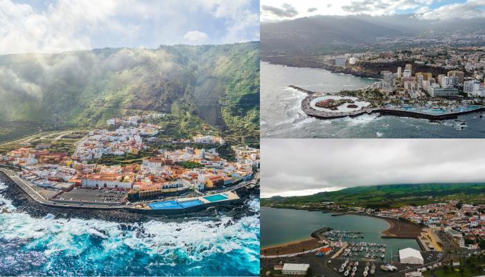 Fotos aéreas de las zonas de estudio. A la izquierda, Garachico, localidad piloto del proyecto. A la derecha las localidades de réplica, arriba, Praia da Vitória, Terceira (Azores) y abajo Puerto de la Cruz, Tenerife (Islas Canarias). Referencias Garachico (https://lospueblosmasbonitosdeespana.org/); Puerto de la Cruz (https://www.puertodelacruz.es/noticias/2021/04/01/puerto-de-la-cruz-reabre-este-jueves-la-piscina-principal-del-complejo-turistico-costa-martianez/); Praia da Vitória (IStock – EyeEm Mobile G